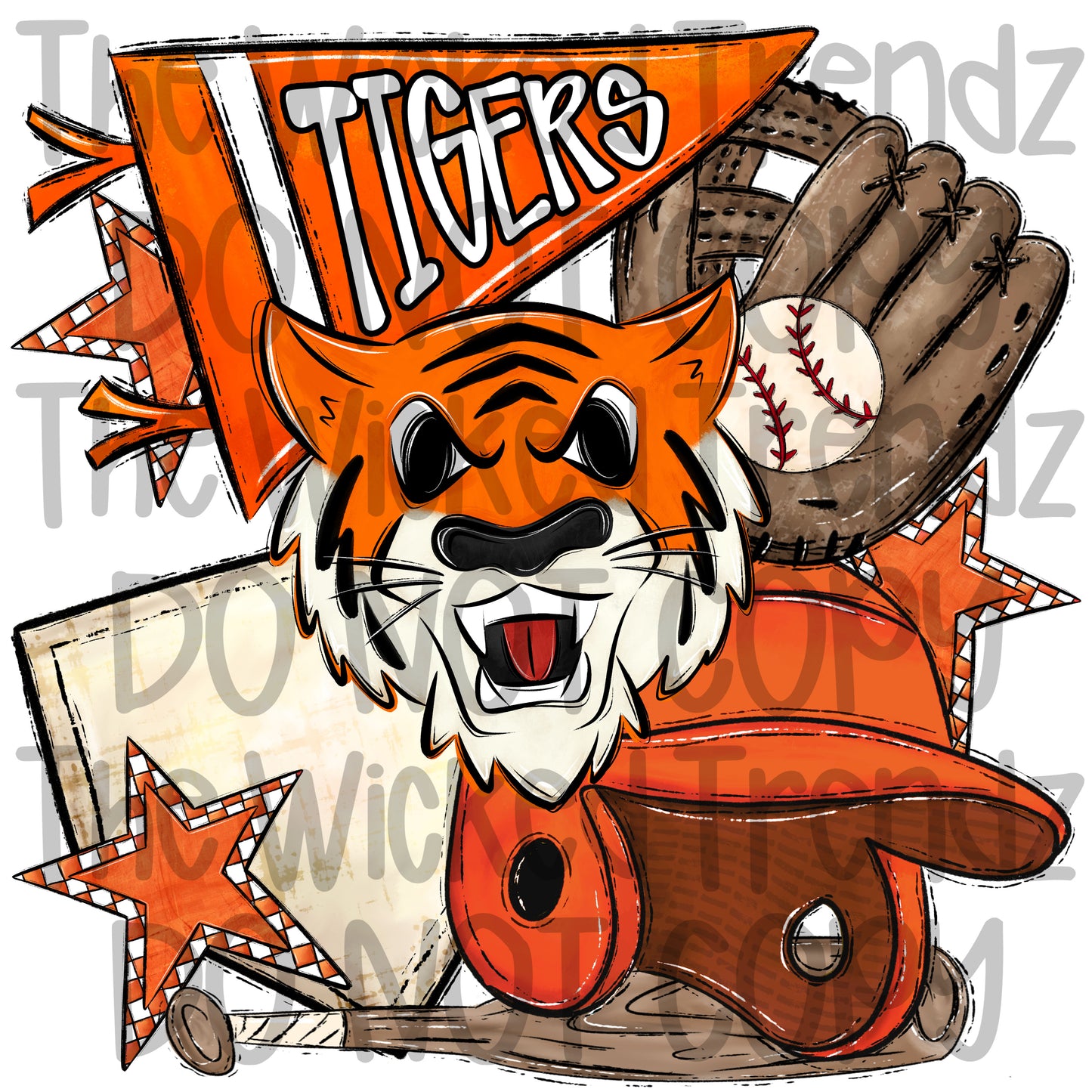 Tigers Orange Baseball Team Mascot Digital Design