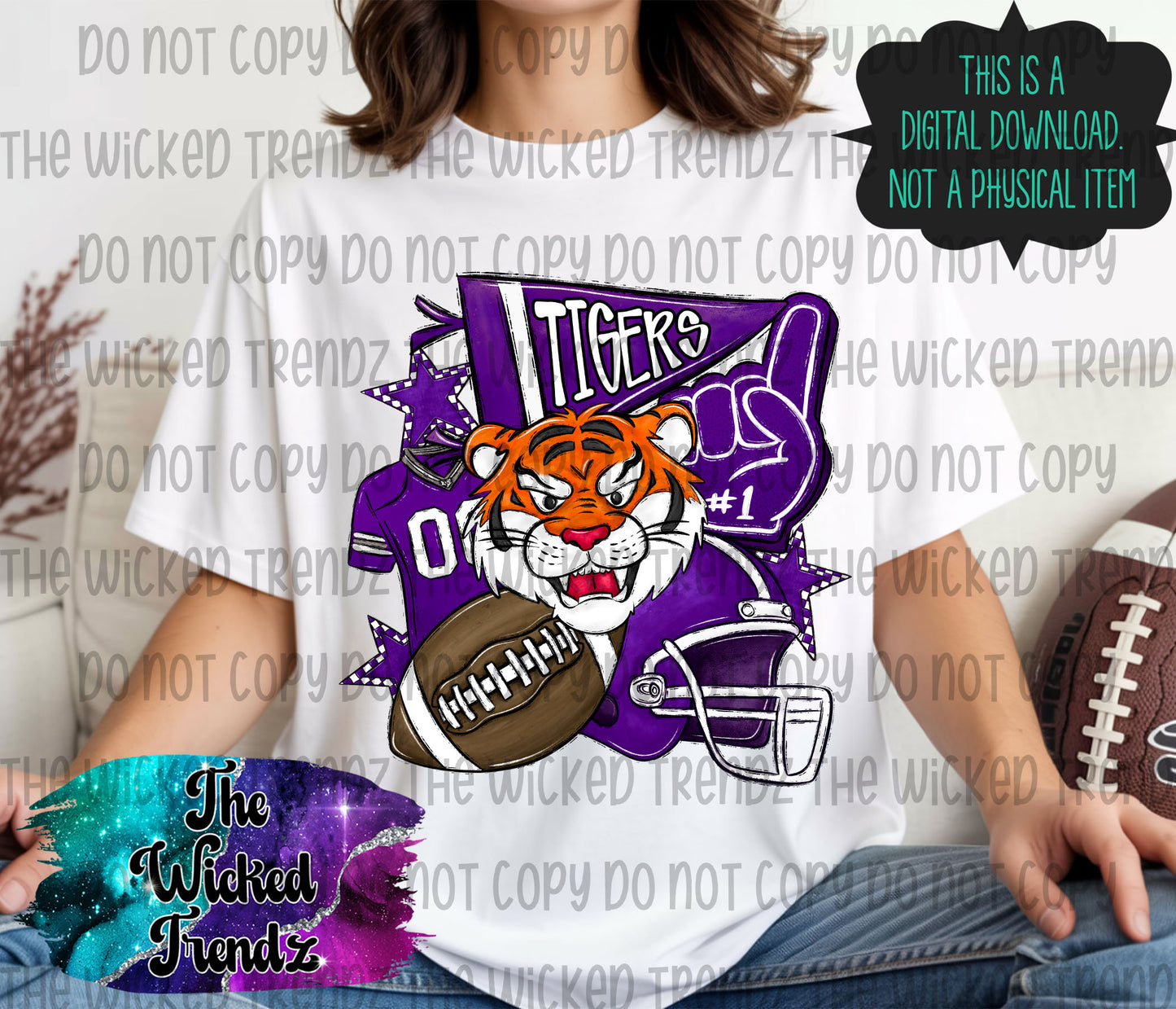 Tigers Purple Football Mascot Digital Design