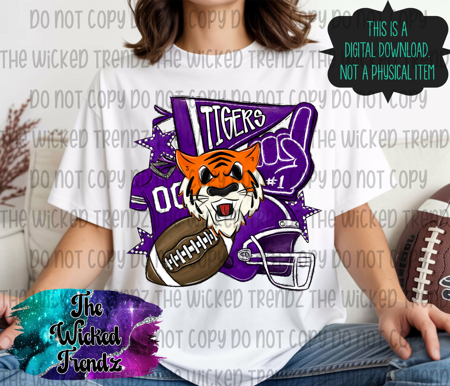 Tigers Purple Football Mascot Digital Design