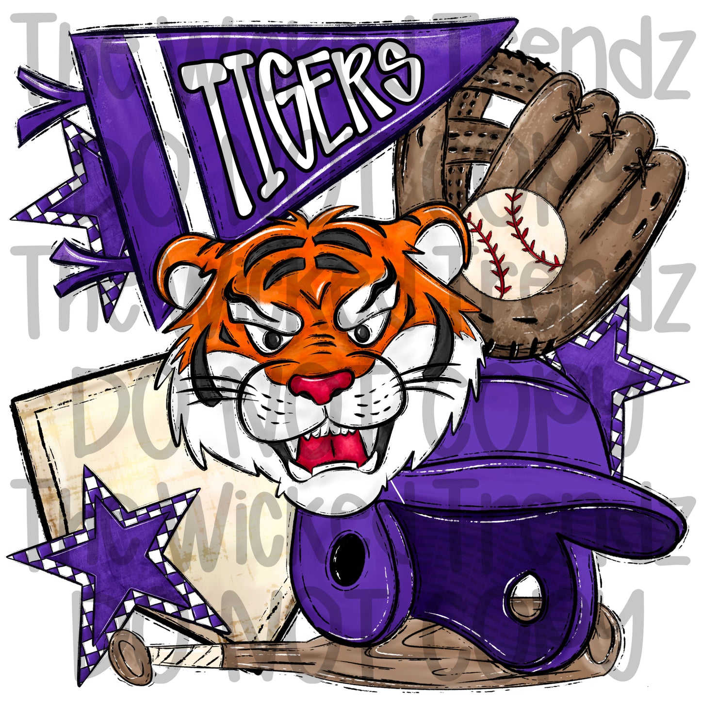 Tigers Purple Baseball Team Mascot Digital Design