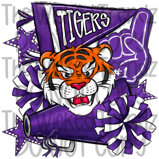 Tigers Purple Cheer Cheerleading Cheerleader Mascot Digital Design Spirit Shirt Design