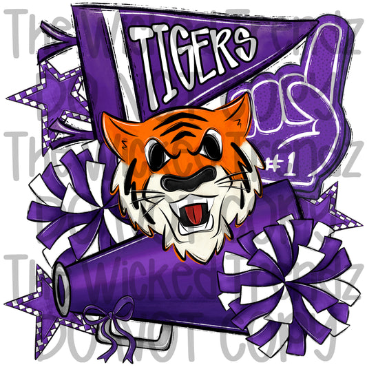 Tigers Purple Cheer Cheerleading Cheerleader Mascot Digital Design Spirit Shirt Design
