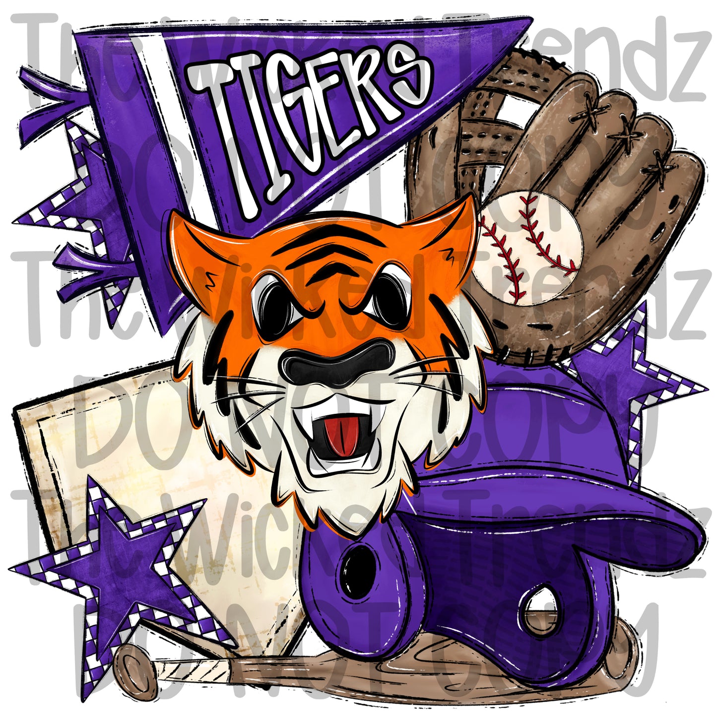 Tigers Purple Baseball Team Mascot Digital Design