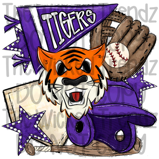 Tigers Purple Baseball Team Mascot Digital Design