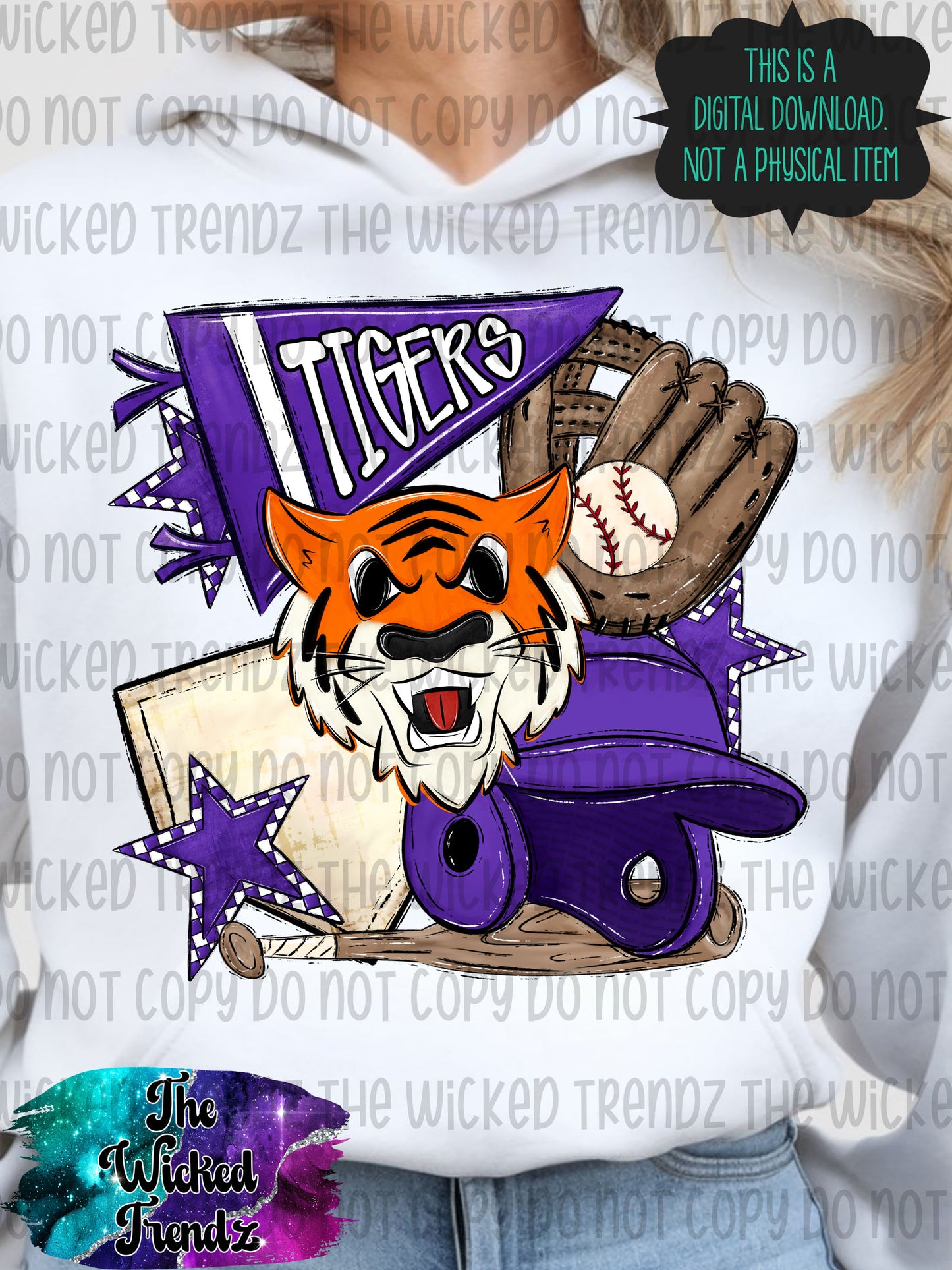 Tigers Purple Baseball Team Mascot Digital Design