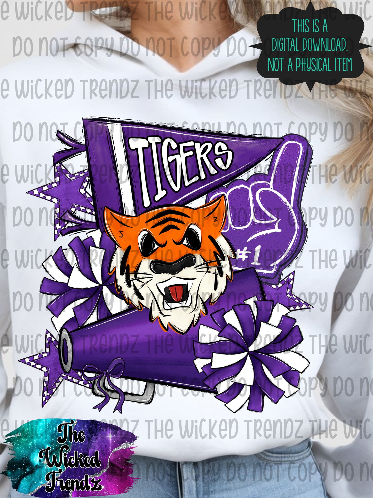 Tigers Purple Cheer Cheerleading Cheerleader Mascot Digital Design Spirit Shirt Design