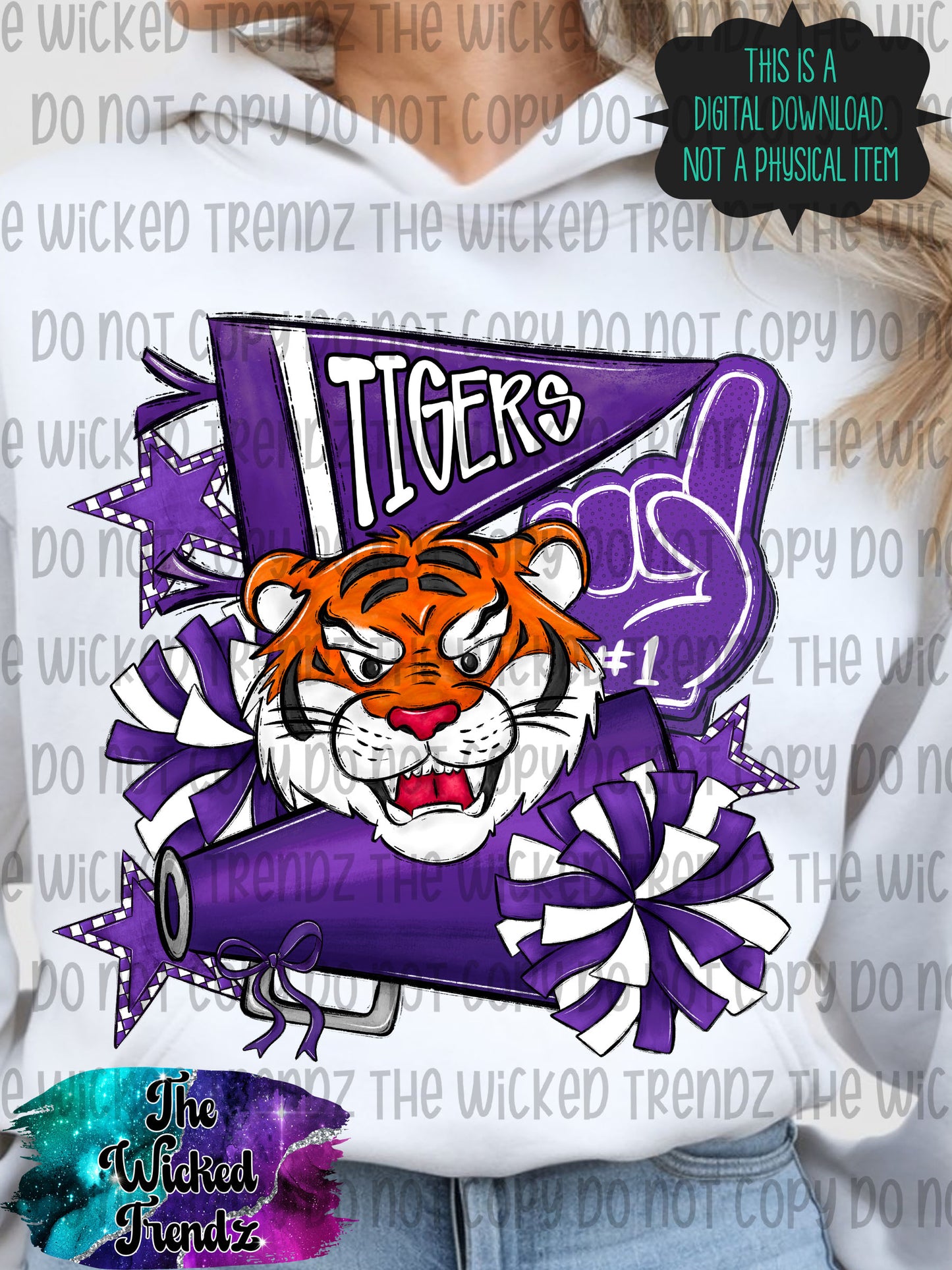 Tigers Purple Cheer Cheerleading Cheerleader Mascot Digital Design Spirit Shirt Design