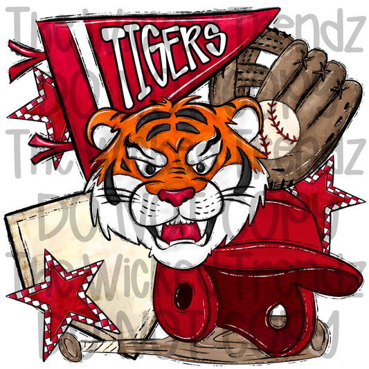 Tigers Red Baseball Team Mascot Digital Design