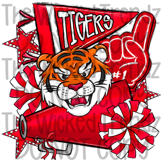 Tigers Red Cheer Cheerleading Cheerleader Mascot Digital Design Spirit Shirt Design