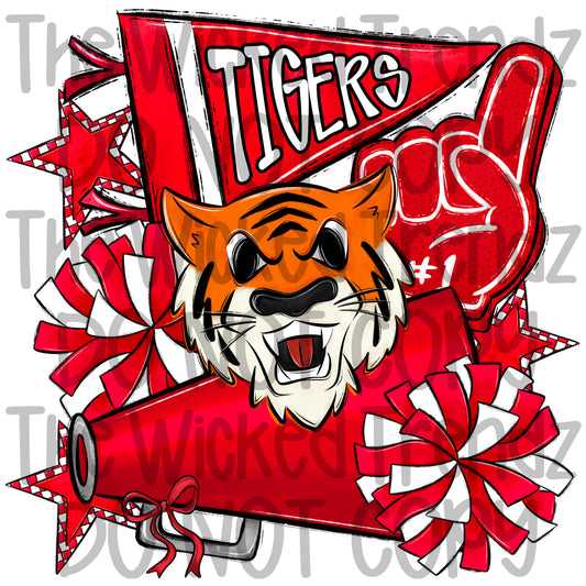 Tigers Red Cheer Cheerleading Cheerleader Mascot Digital Design Spirit Shirt Design