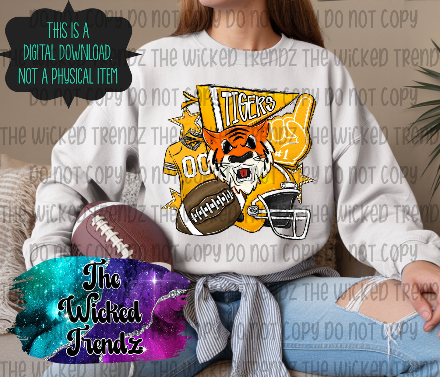 Tigers Yellow Football Mascot Digital Design