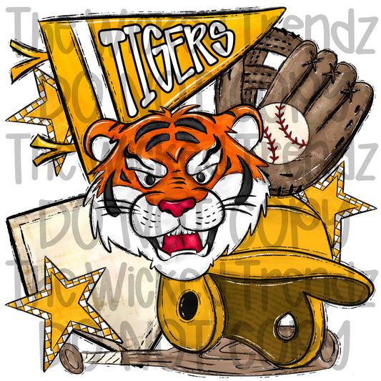 Tigers Yellow Baseball Team Mascot Digital Design