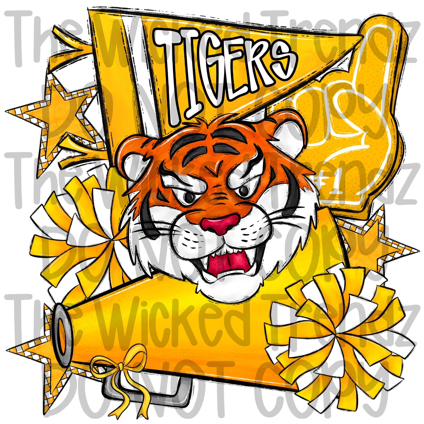 Tigers Yellow Cheer Cheerleading Cheerleader Mascot Digital Design Spirit Shirt Design