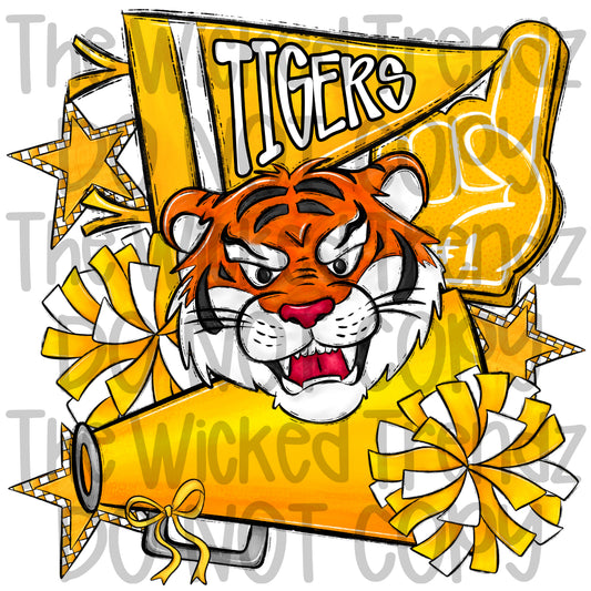 Tigers Yellow Cheer Cheerleading Cheerleader Mascot Digital Design Spirit Shirt Design
