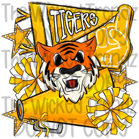 Tigers Yellow Cheer Cheerleading Cheerleader Mascot Digital Design Spirit Shirt Design