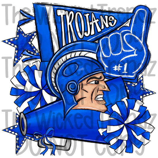 Trojans Blue Cheer Cheerleading Cheerleader Mascot Digital Design Spirit Shirt Design