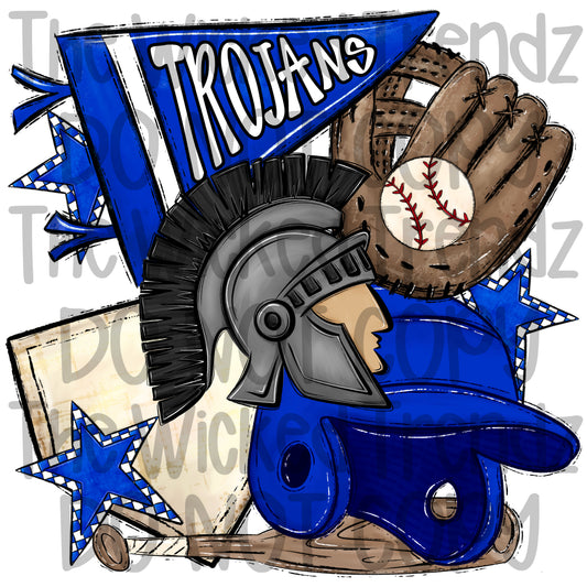 Trojans Blue Baseball Team Mascot Digital Design
