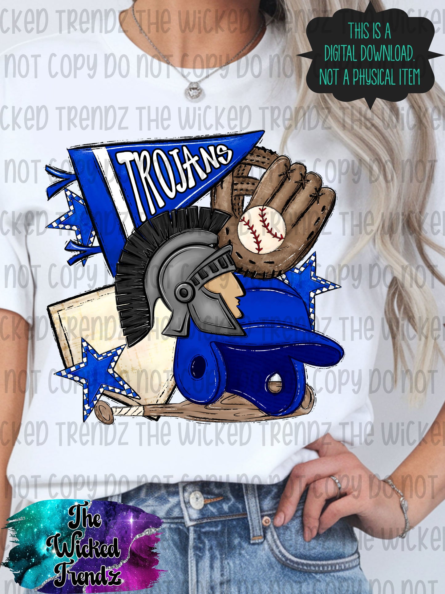 Trojans Blue Baseball Team Mascot Digital Design