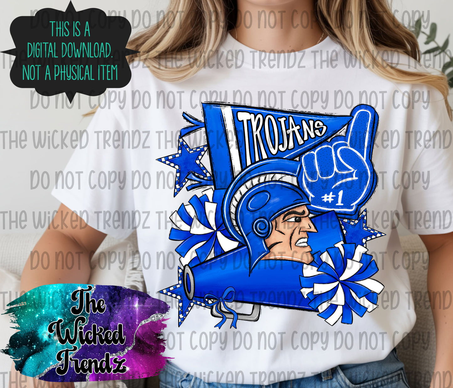 Trojans Blue Cheer Cheerleading Cheerleader Mascot Digital Design Spirit Shirt Design