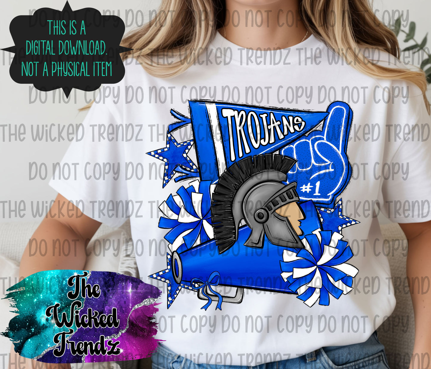 Trojans Blue Cheer Cheerleading Cheerleader Mascot Digital Design Spirit Shirt Design