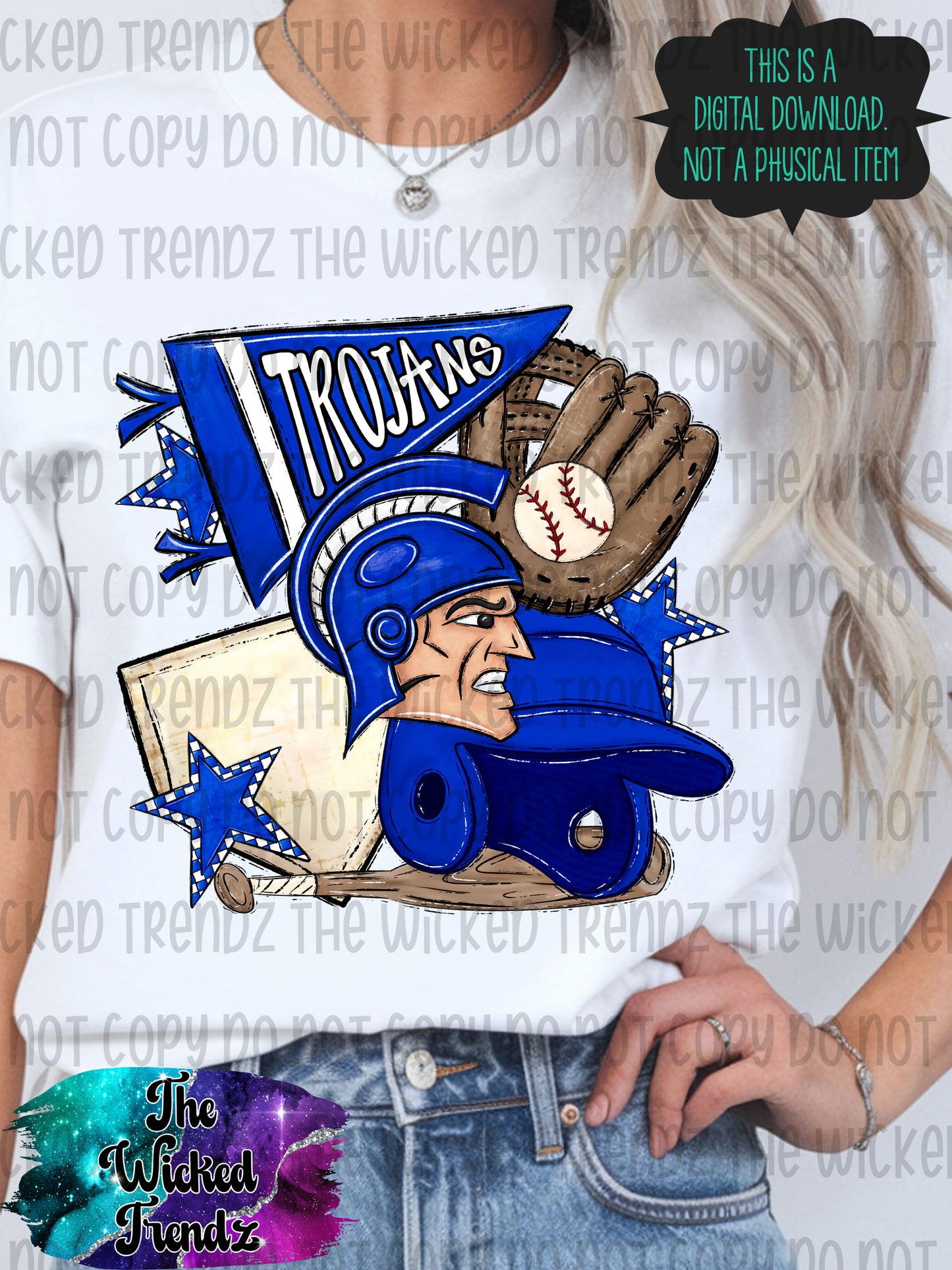 Trojans Blue Baseball Team Mascot Digital Design