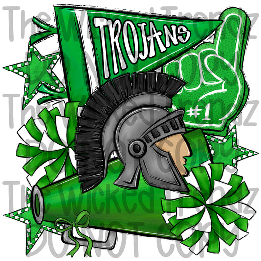 Trojans Green Cheer Cheerleading Cheerleader Mascot Digital Design Spirit Shirt Design