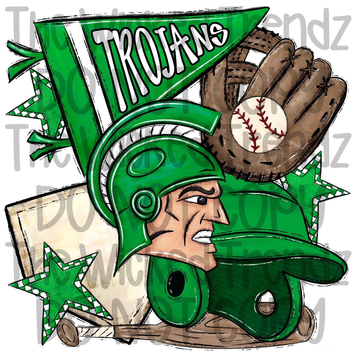 Trojans Green Baseball Team Mascot Digital Design