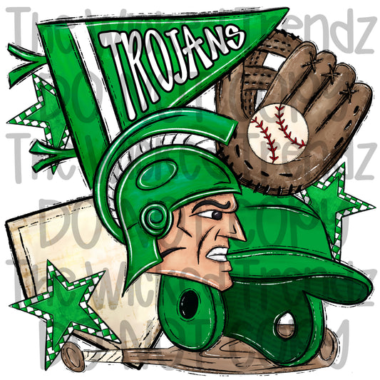 Trojans Green Baseball Team Mascot Digital Design