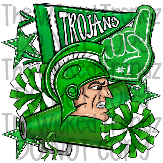 Trojans Green Cheer Cheerleading Cheerleader Mascot Digital Design Spirit Shirt Design