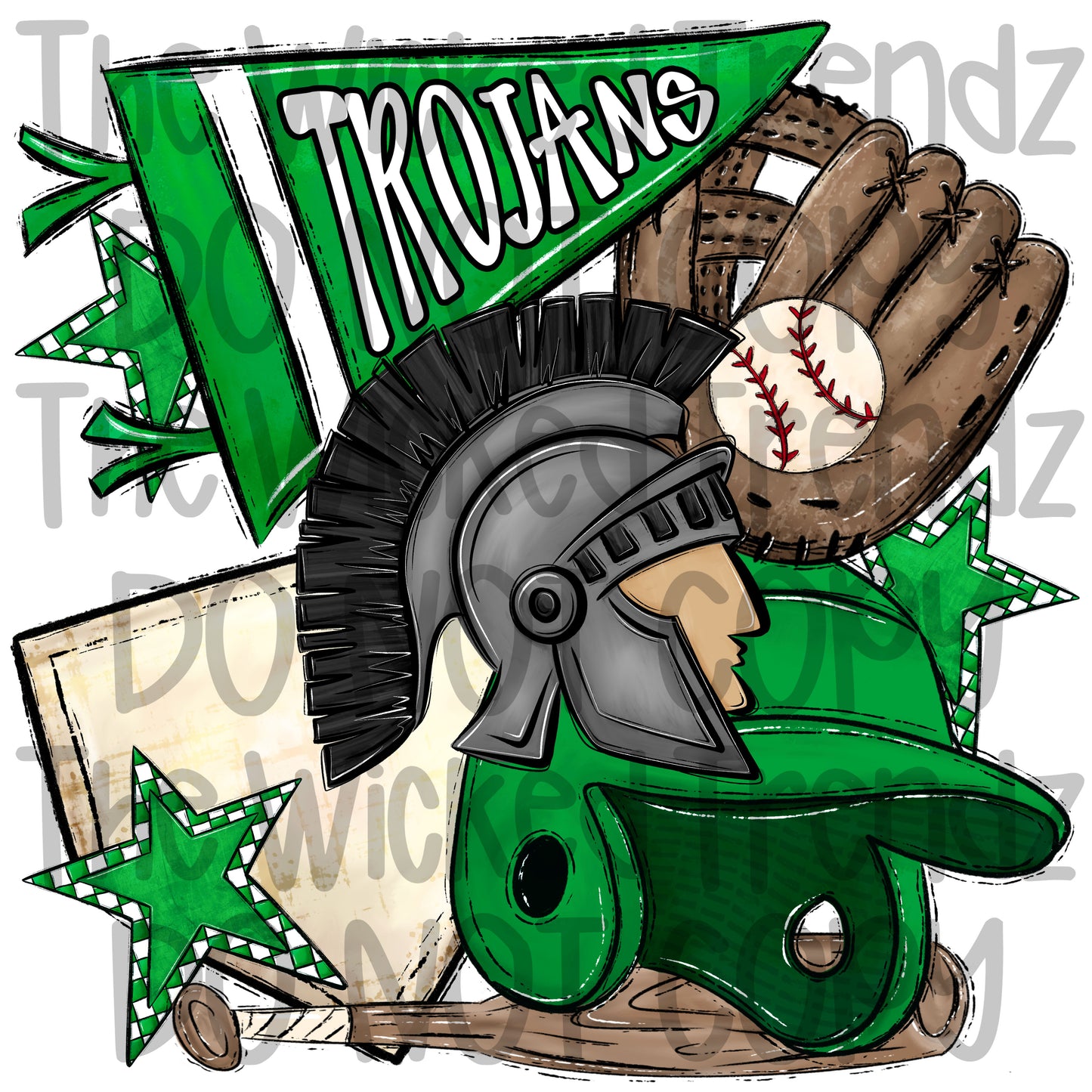 Trojans Green Baseball Team Mascot Digital Design
