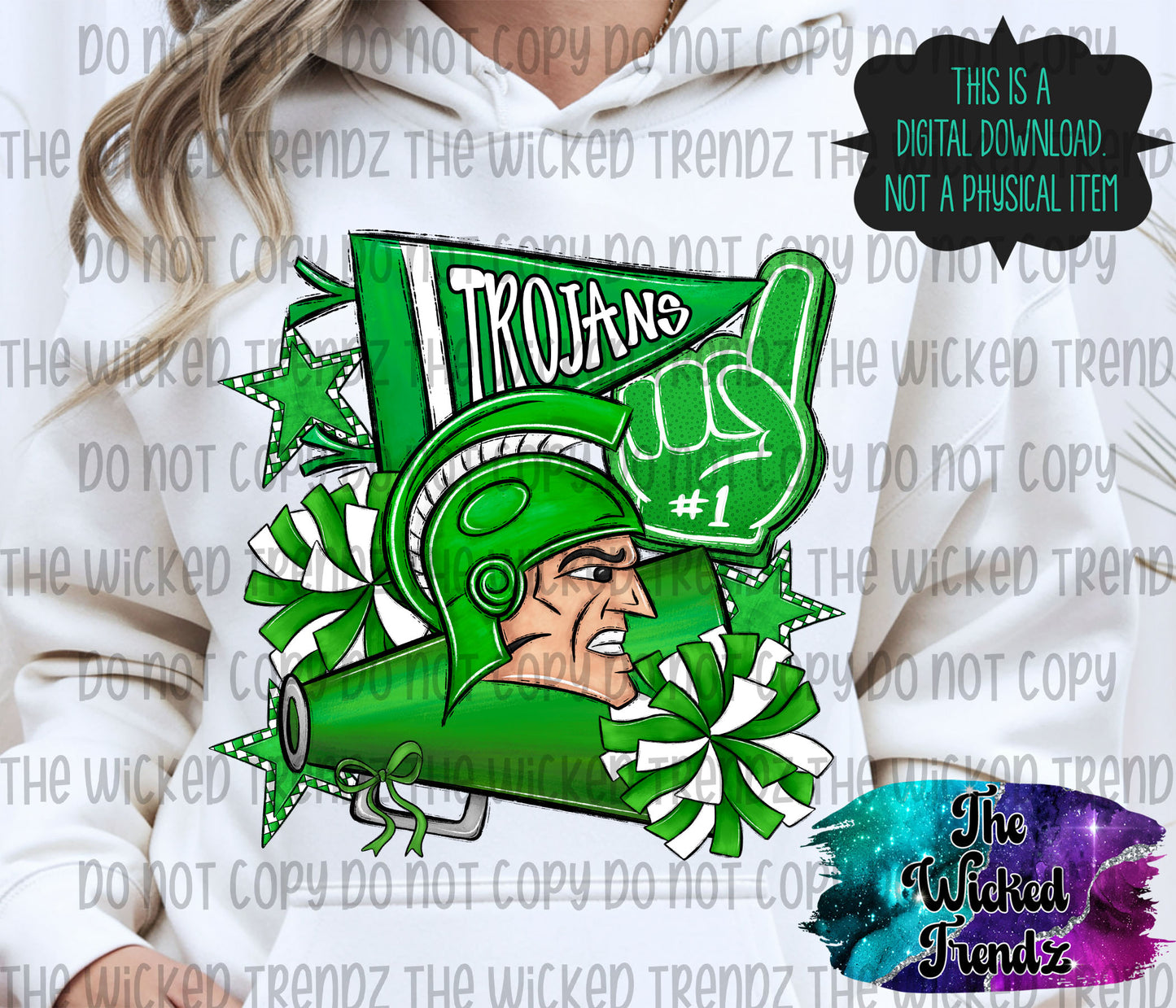 Trojans Green Cheer Cheerleading Cheerleader Mascot Digital Design Spirit Shirt Design
