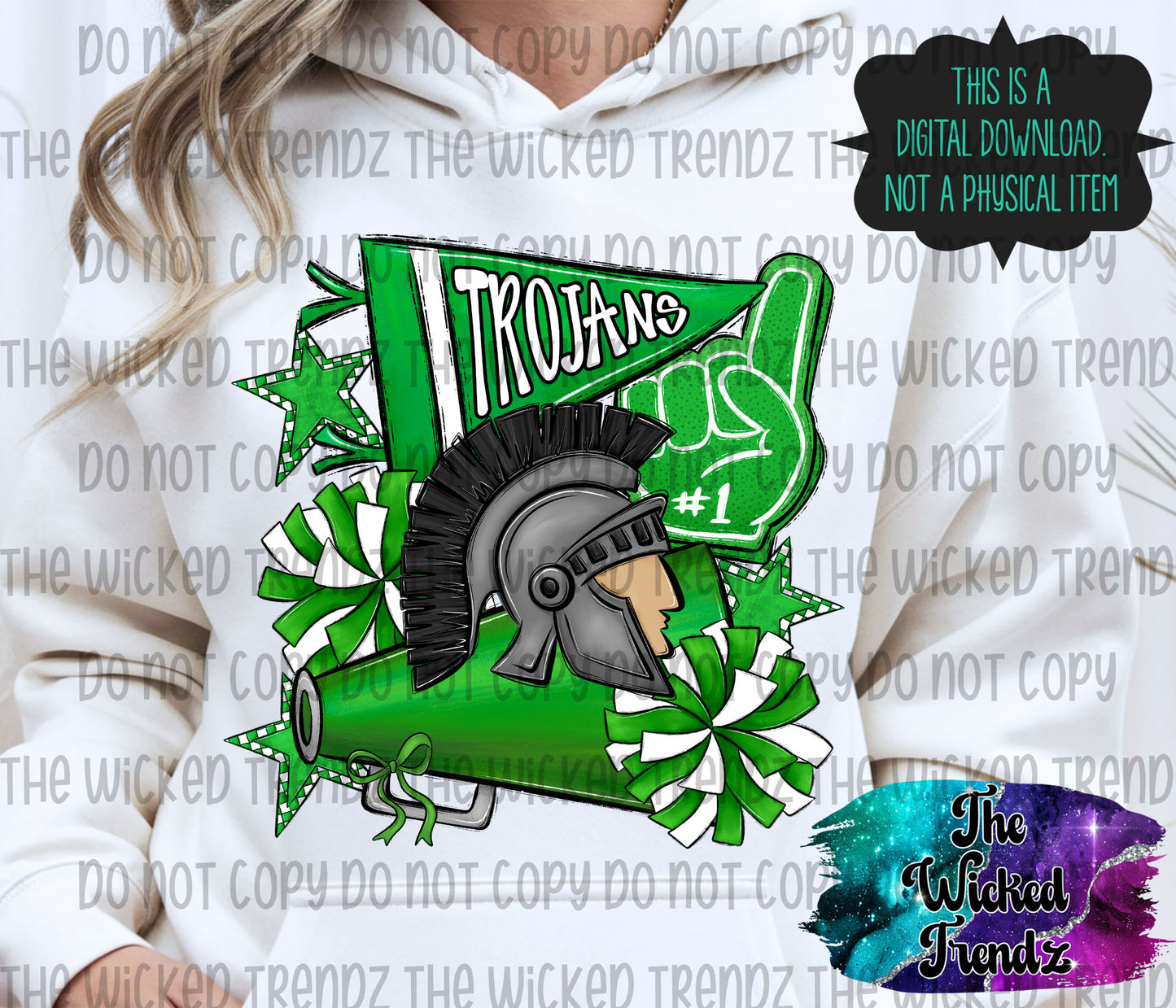 Trojans Green Cheer Cheerleading Cheerleader Mascot Digital Design Spirit Shirt Design