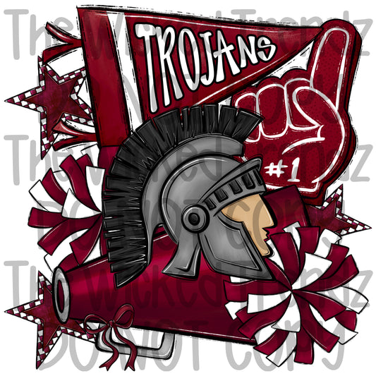 Trojans Maroon Cheer Cheerleading Cheerleader Mascot Digital Design Spirit Shirt Design