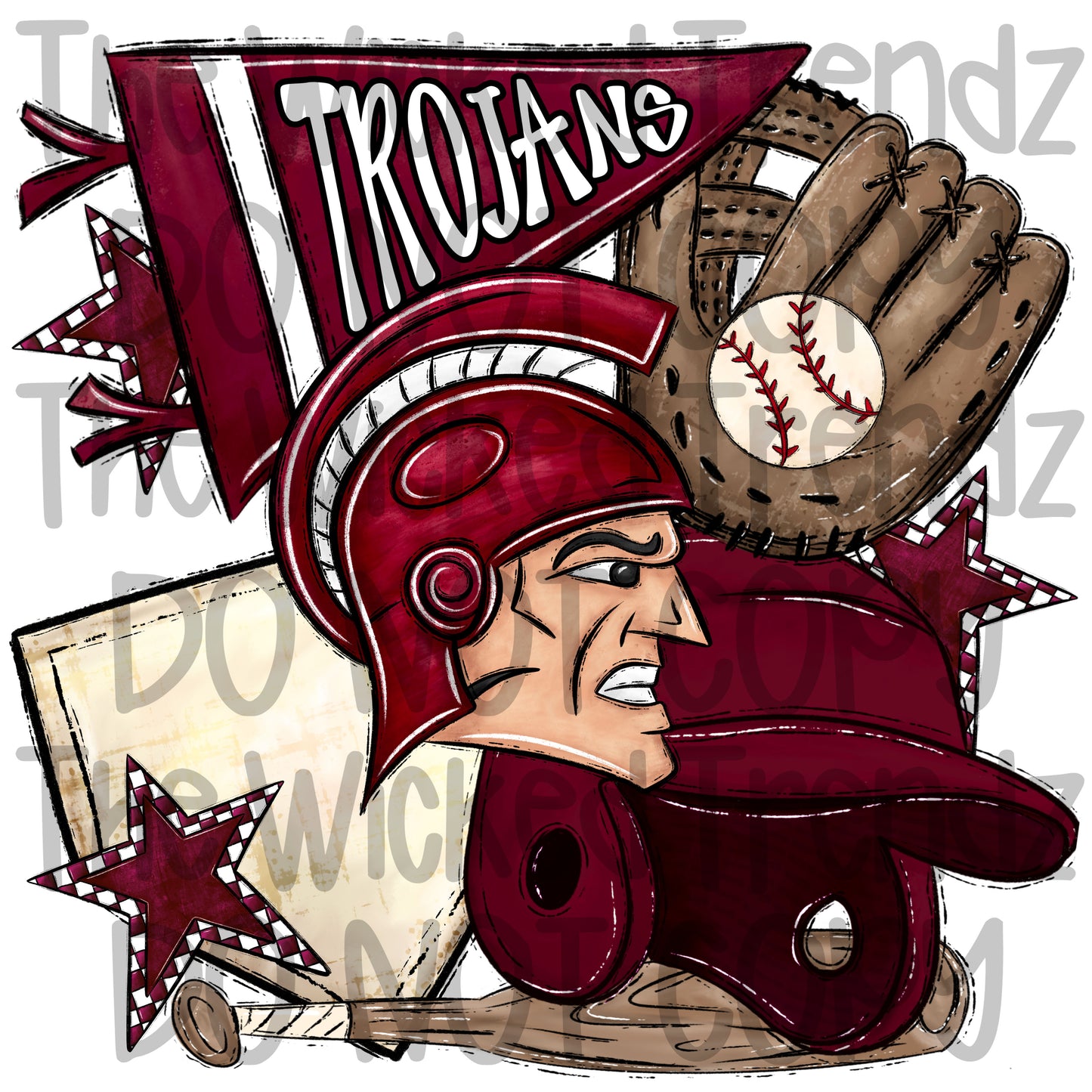 Trojans Maroon Baseball Team Mascot Digital Design