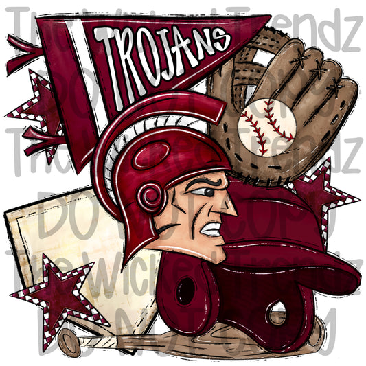 Trojans Maroon Baseball Team Mascot Digital Design