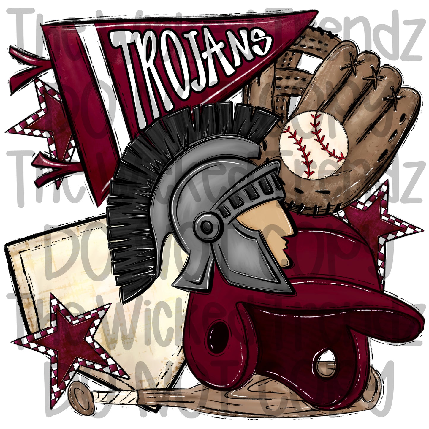 Trojans Maroon Baseball Team Mascot Digital Design