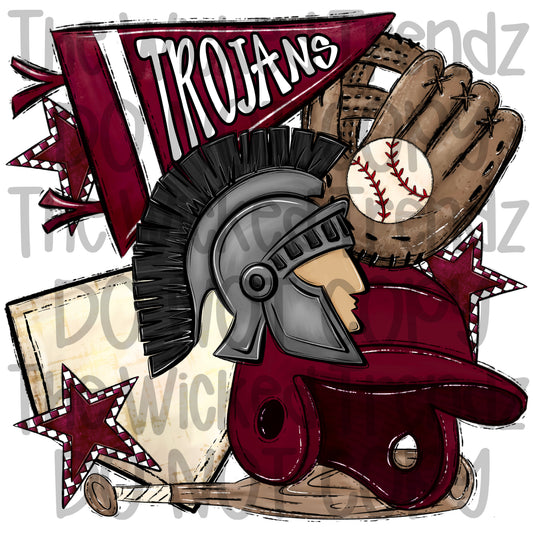 Trojans Maroon Baseball Team Mascot Digital Design