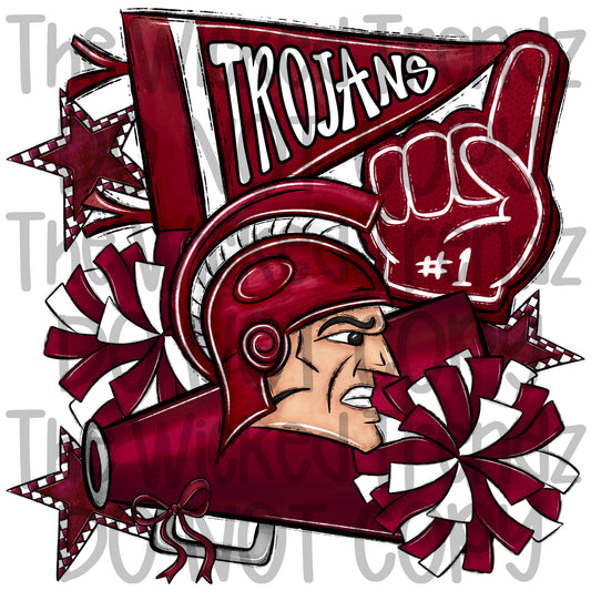 Trojans Maroon Cheer Cheerleading Cheerleader Mascot Digital Design Spirit Shirt Design