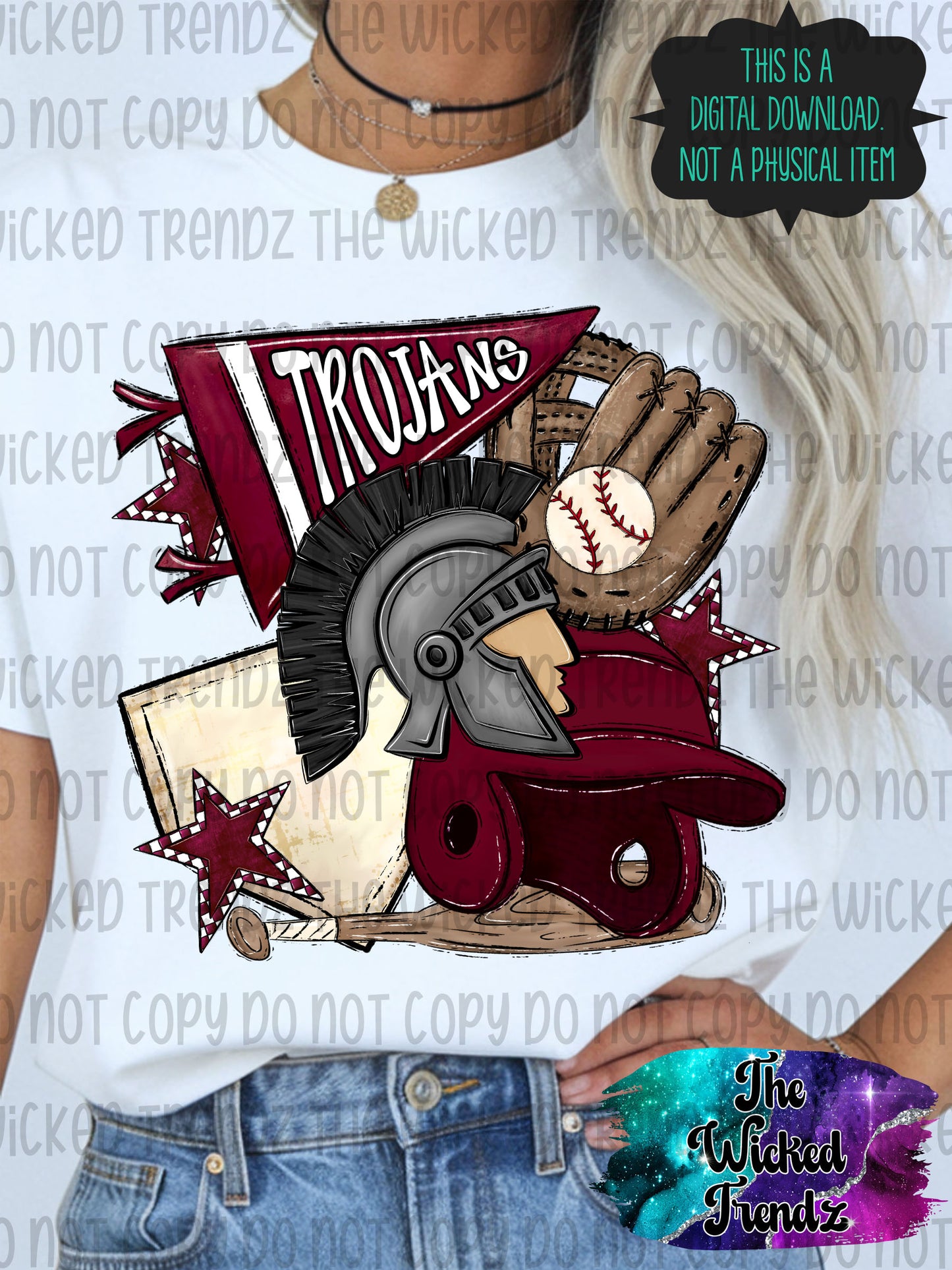 Trojans Maroon Baseball Team Mascot Digital Design