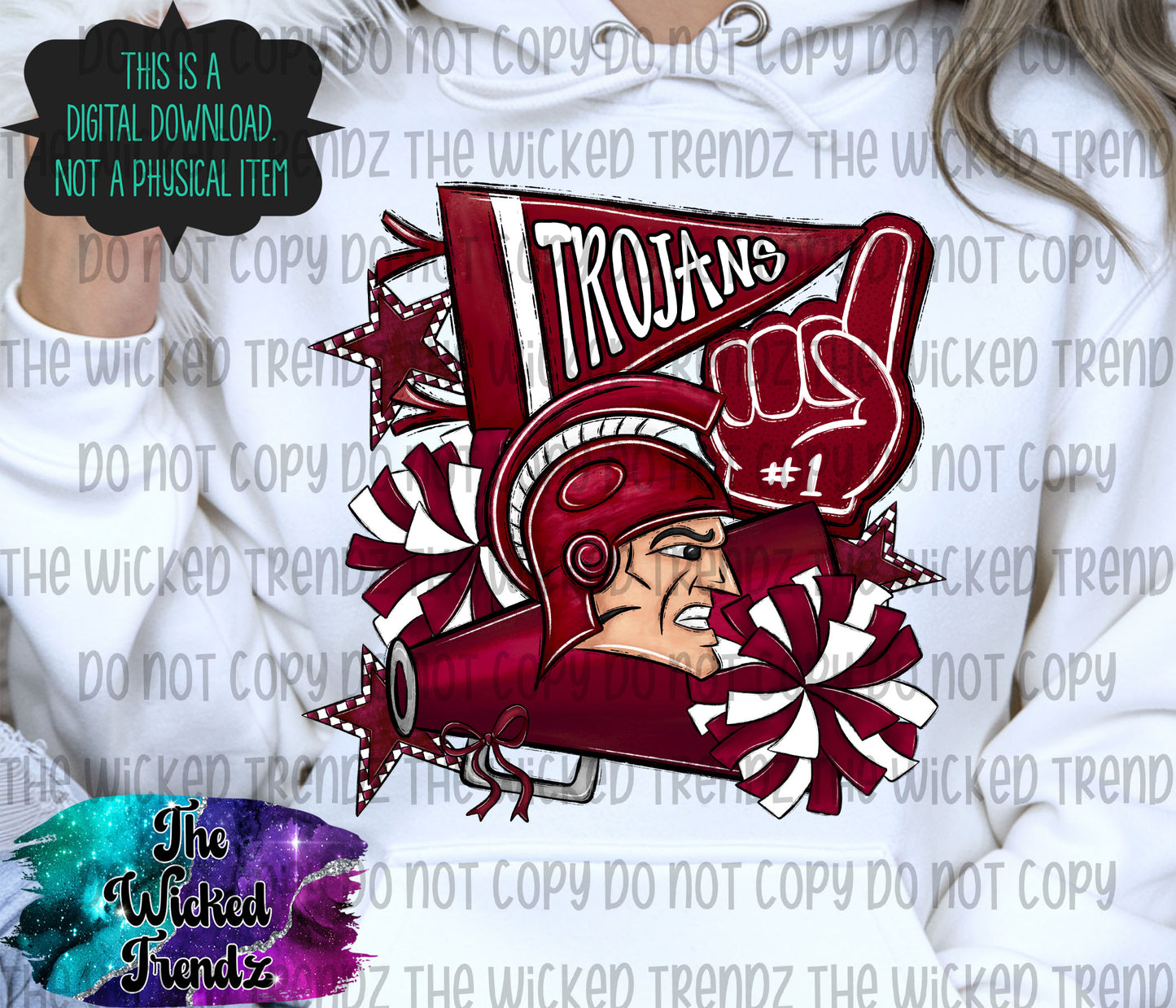 Trojans Maroon Cheer Cheerleading Cheerleader Mascot Digital Design Spirit Shirt Design