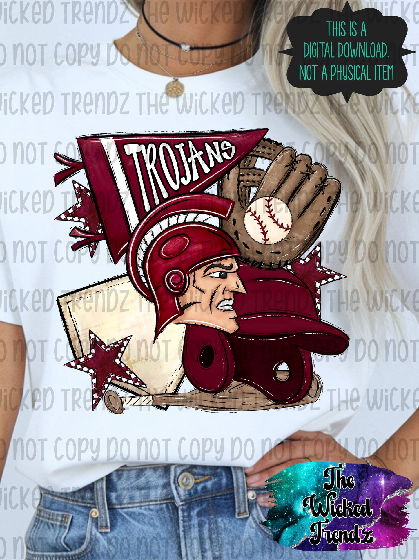 Trojans Maroon Baseball Team Mascot Digital Design