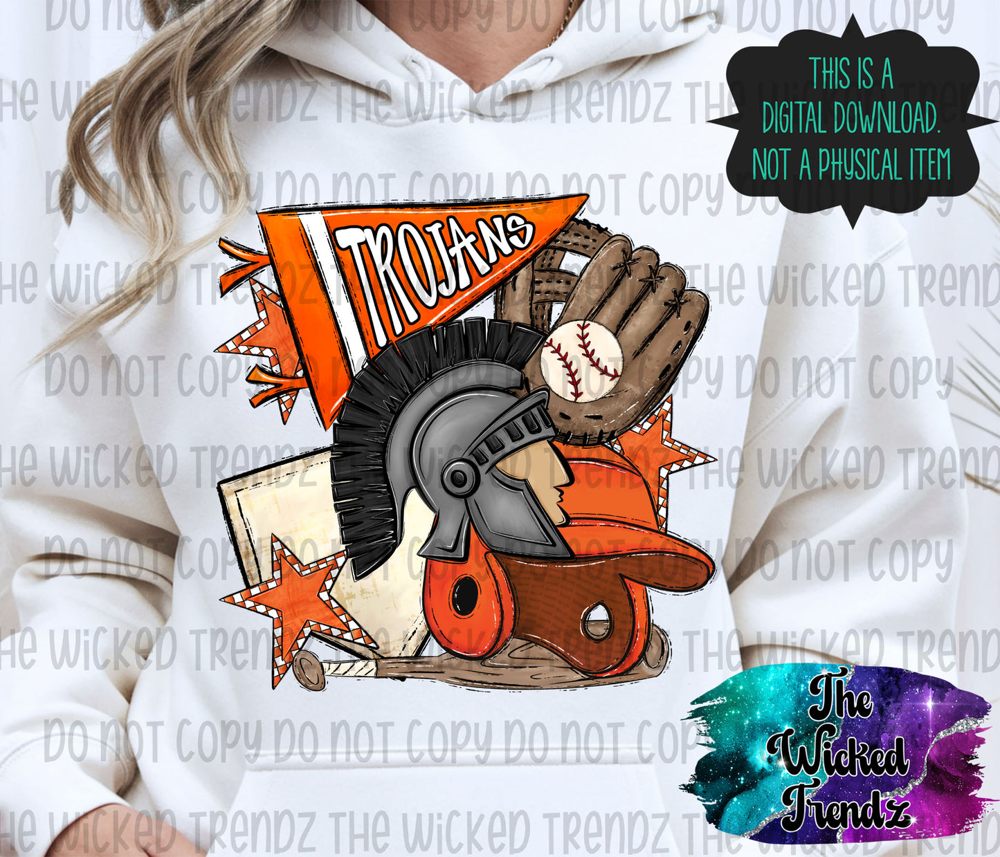 Trojans Orange Baseball Team Mascot Digital Design