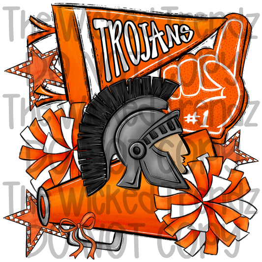 Trojans Orange Cheer Cheerleading Cheerleader Mascot Digital Design Spirit Shirt Design