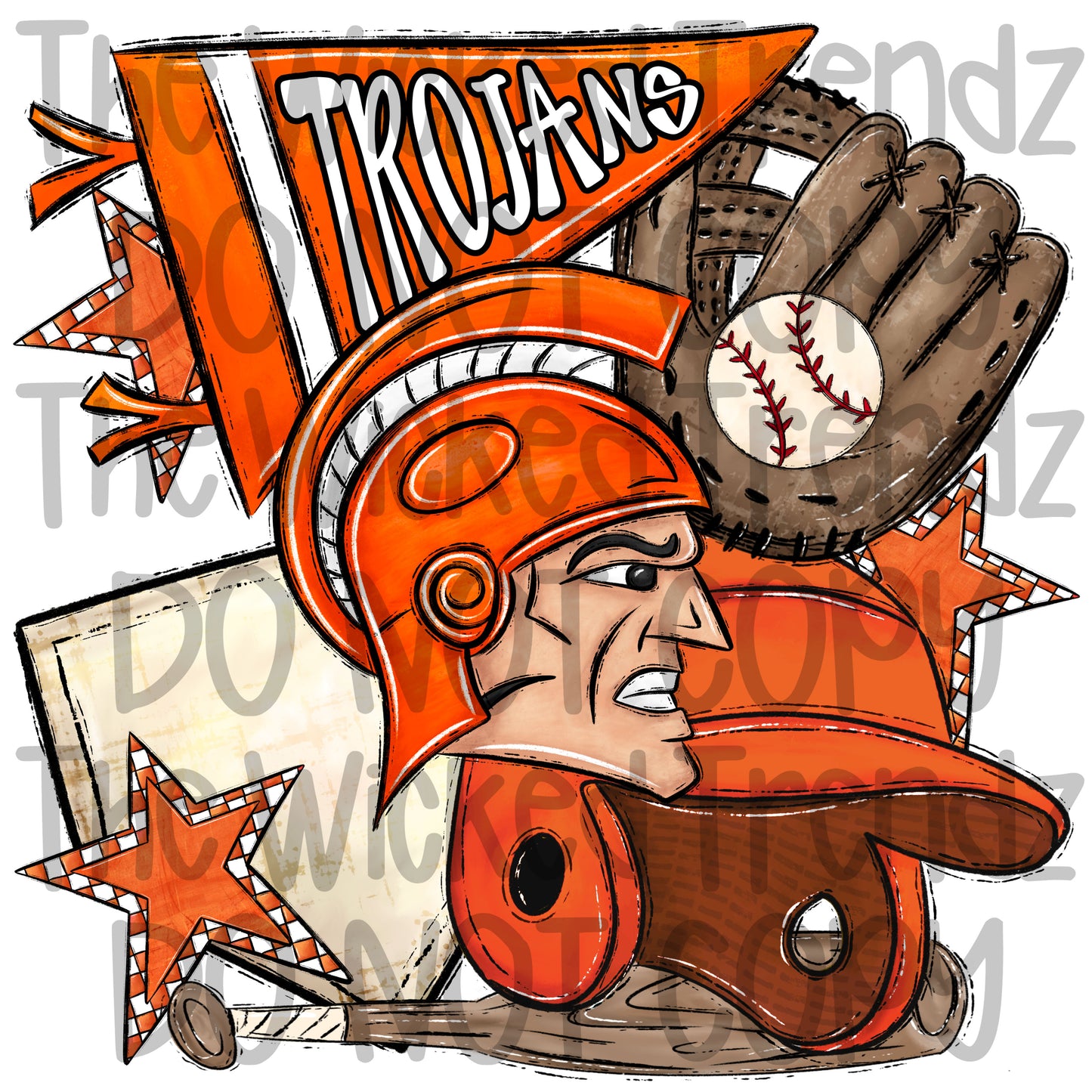 Trojans Orange Baseball Team Mascot Digital Design