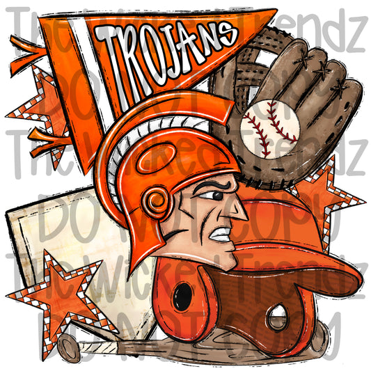 Trojans Orange Baseball Team Mascot Digital Design
