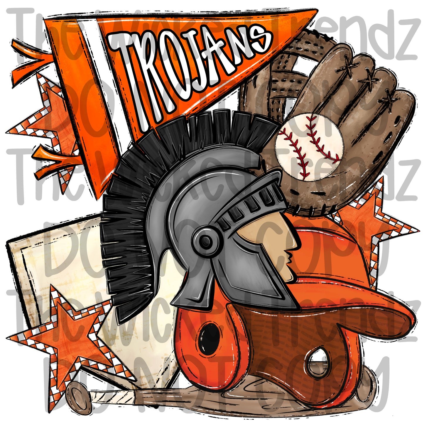 Trojans Orange Baseball Team Mascot Digital Design