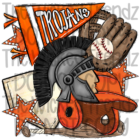Trojans Orange Baseball Team Mascot Digital Design