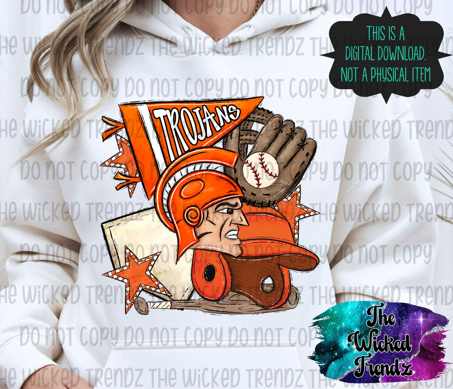 Trojans Orange Baseball Team Mascot Digital Design