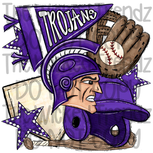 Trojans Purple Baseball Team Mascot Digital Design