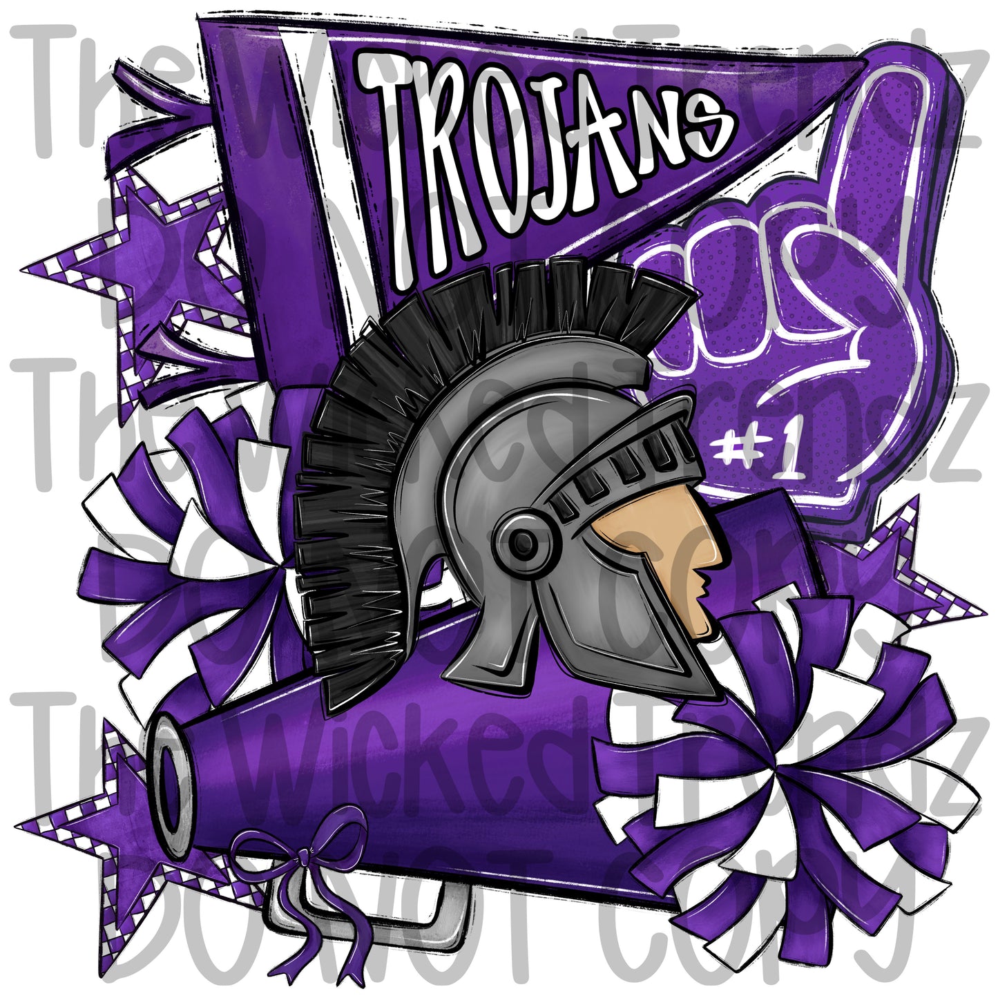 Trojans Purple Cheer Cheerleading Cheerleader Mascot Digital Design Spirit Shirt Design